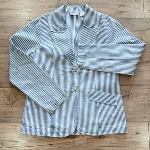 Faded Glory Vtg Denim Blazer‎ Womens Large Pockets Pin Stripes Striped Blue